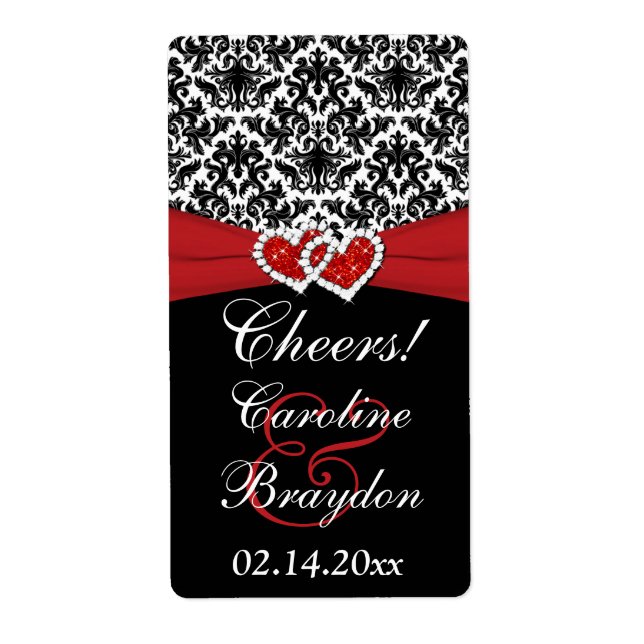 Black White Red Damask Hearts Wine Label (Front)