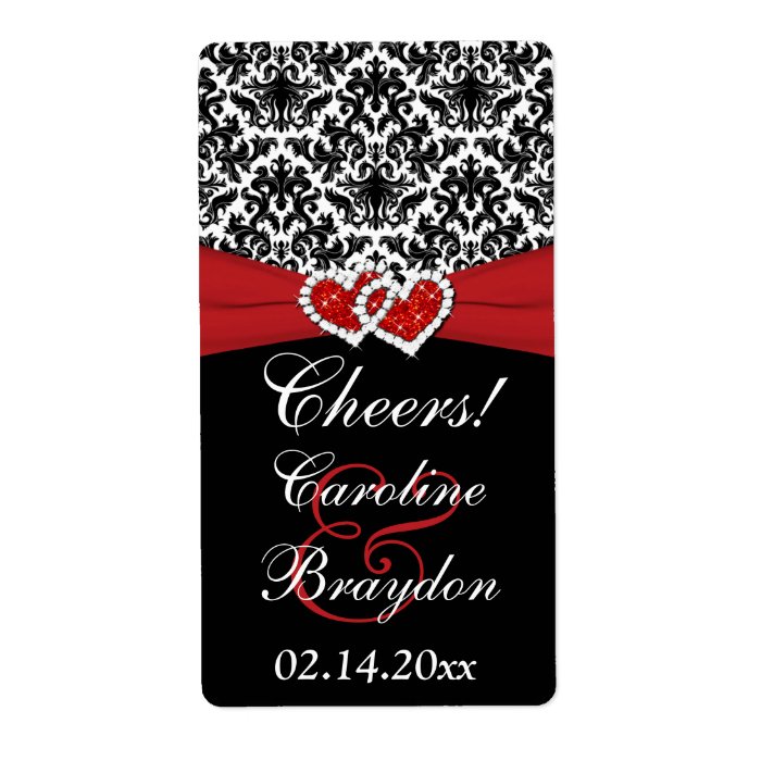 Black White Red Damask Hearts Wine Label