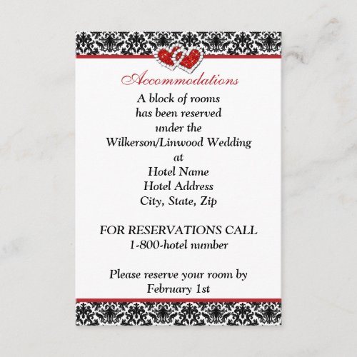 Black White Red Damask Joined Hearts Insert Card