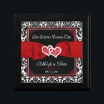 Black, White, Red Damask Love Hearts Wedding Gift Box<br><div class="desc">This personalized and romantic jewelry box has a black and white damask pattern outer border with a red ribbon and bow image with joined hearts images across the width of the trinket box. Above the ribbon, the words, "Two Hearts Became One" are printed in white script on a black background...</div>