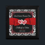 Black, White, Red Damask Love Hearts Wedding Gift Box<br><div class="desc">This personalized and romantic jewelry box has a black and white damask pattern outer border with a red ribbon and bow image with joined hearts images across the width of the trinket box. Above the ribbon, the words, "Two Hearts Became One" are printed in white script on a black background...</div>