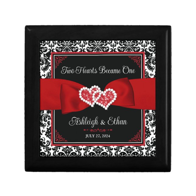 Black, White, Red Damask Love Hearts Wedding Gift Box (Front)