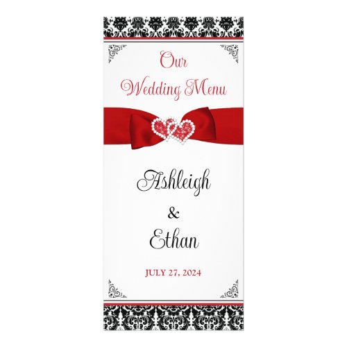 Black White Red Damask Love Hearts Wedding Menu