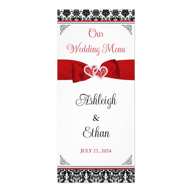 Black, White, Red Damask Love Hearts Wedding Menu (Front)