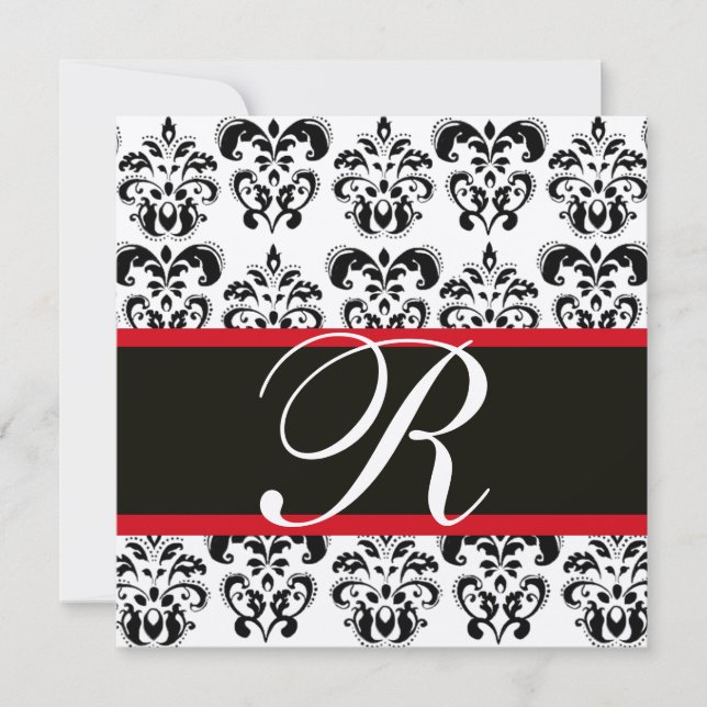 BLACK & WHITE  RED  DAMASK MONOGRAM INVITATION (Front)