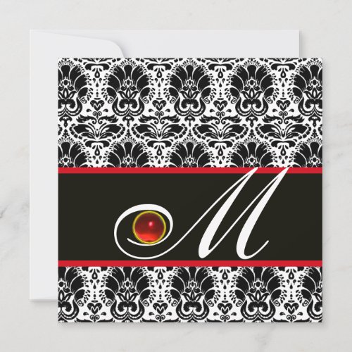 BLACK WHITE RED DAMASK MONOGRAM Ruby Invitation