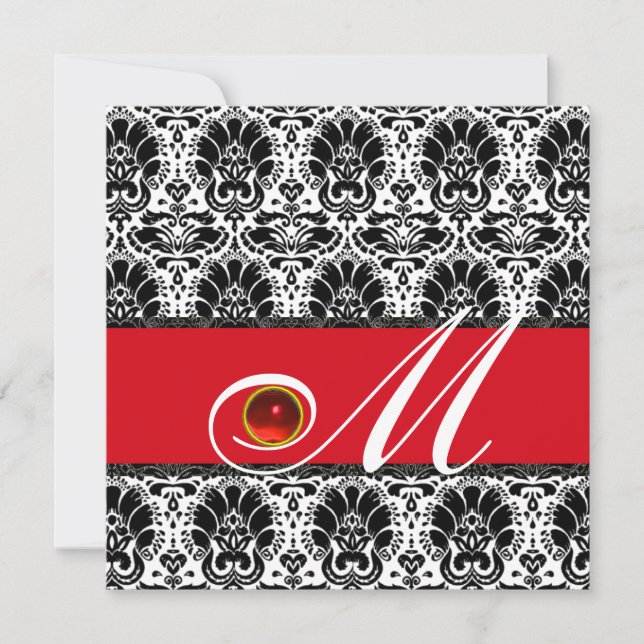 BLACK WHITE RED DAMASK MONOGRAM Ruby Invitation (Front)