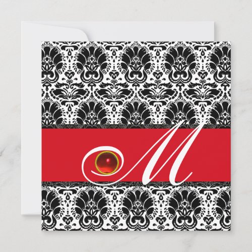 BLACK WHITE RED DAMASK MONOGRAM Ruby Invitation