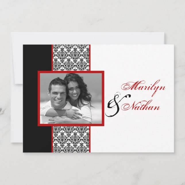 Black White Red Damask Photo Wedding Invite (Front)
