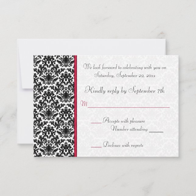 Black, White, Red Damask RSVP Card (Front)