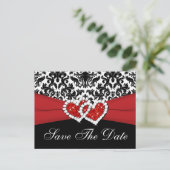 Black, White, Red Damask Save the Date Postcard (Standing Front)