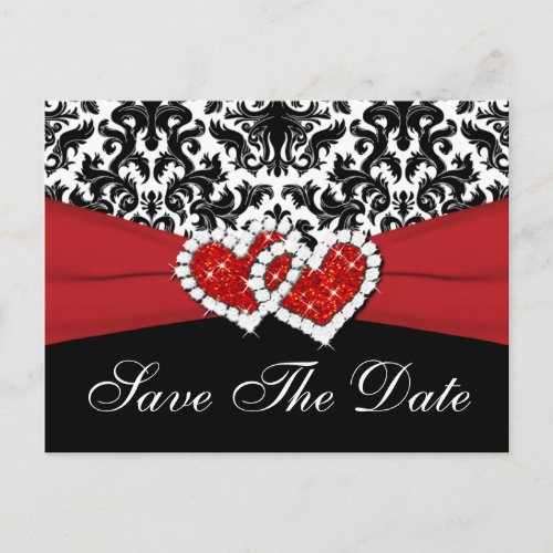 Black White Red Damask Save the Date Postcard