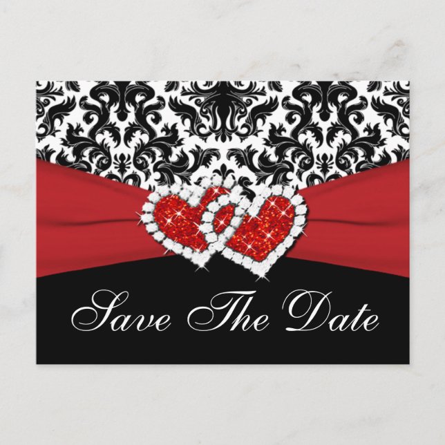Black, White, Red Damask Save the Date Postcard (Front)