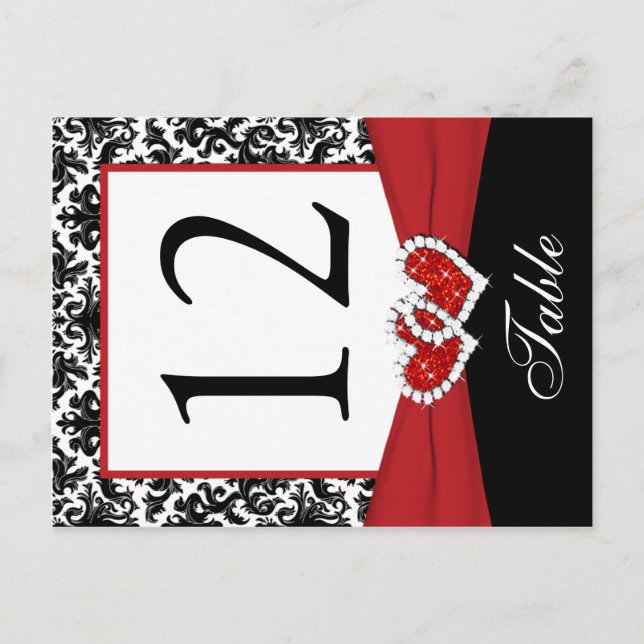 Black, White, Red Damask Table Number Post Card (Front)