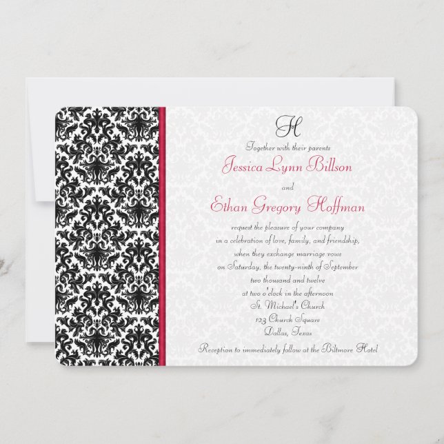 Black, White, Red Damask Wedding Invitation (Front)