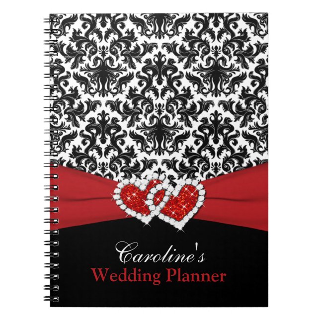 Black White Red Damask Wedding Planner Notebook (Front)