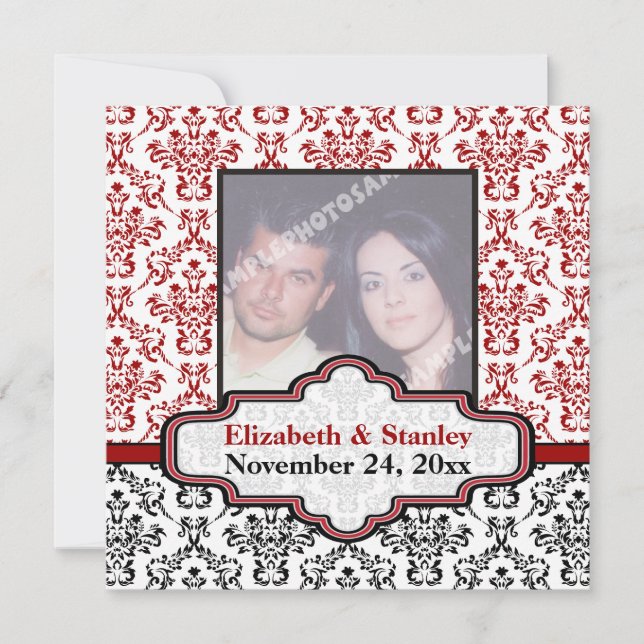 Black white red damask wedding Save the Date (Front)