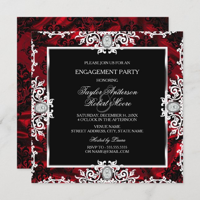 Black White Red Diamond Damask Engagement Party Invitation (Front/Back)