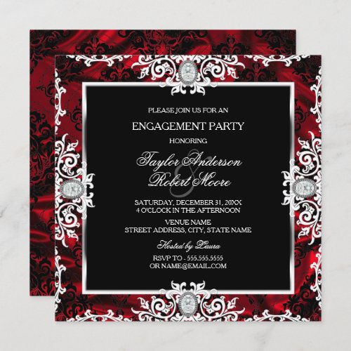 Black White Red Diamond Damask Engagement Party Invitation