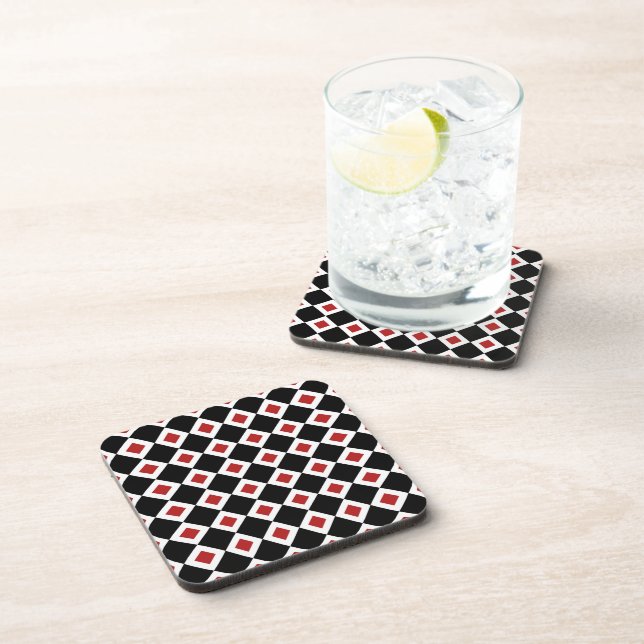 Black, White, Red Diamond Pattern Drink Coaster (Right Side)