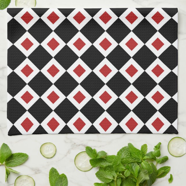 Black, White, Red Diamond Pattern Kitchen Towel (Folded)