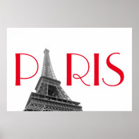Black & White Red Eiffel Tower Paris Travel Poster