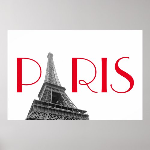Black  White Red Eiffel Tower Paris Travel Poster