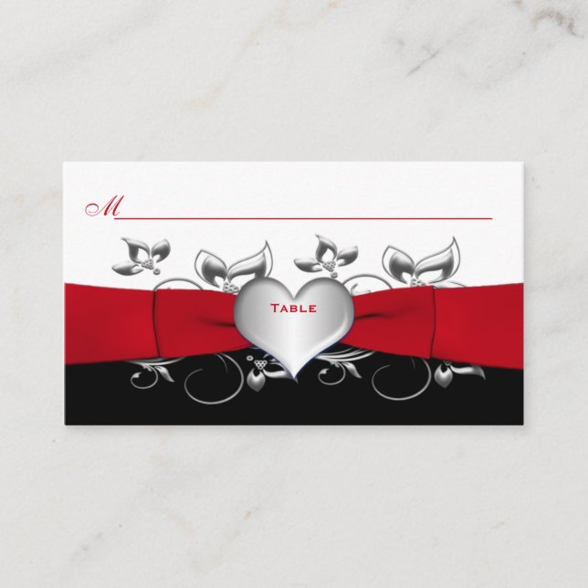 Black, White, Red Floral, Heart Placecard (Front)