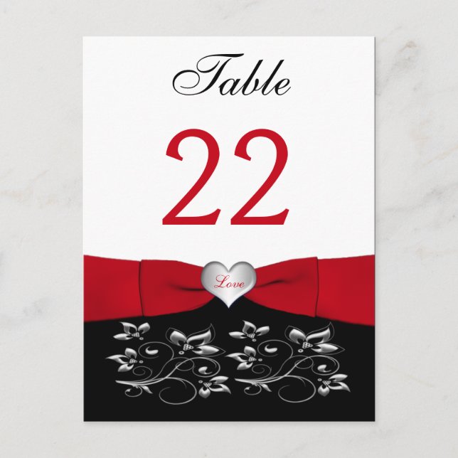Black White Red Floral, Heart Table Number Card (Front)