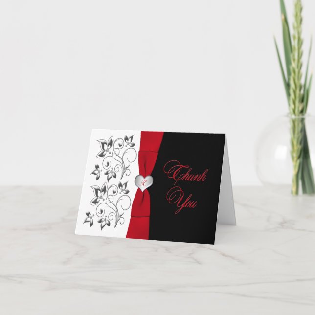 Black White Red Floral, Heart Thank You Card (Front)