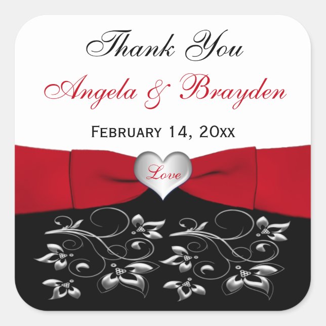 Black White Red Floral Heart Wedding Favor Sticker (Front)