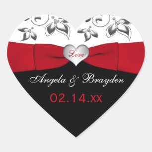 Black White Red Floral Heart Wedding Favor Sticker
