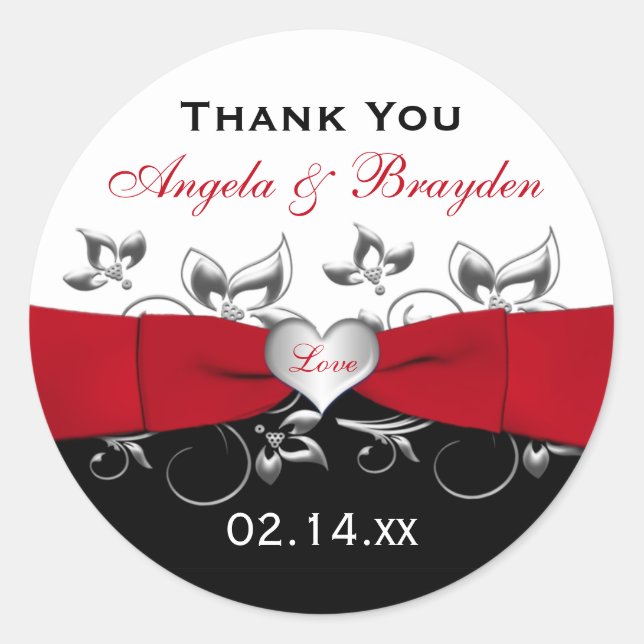 Black White Red Floral Heart Wedding Favor Sticker (Front)