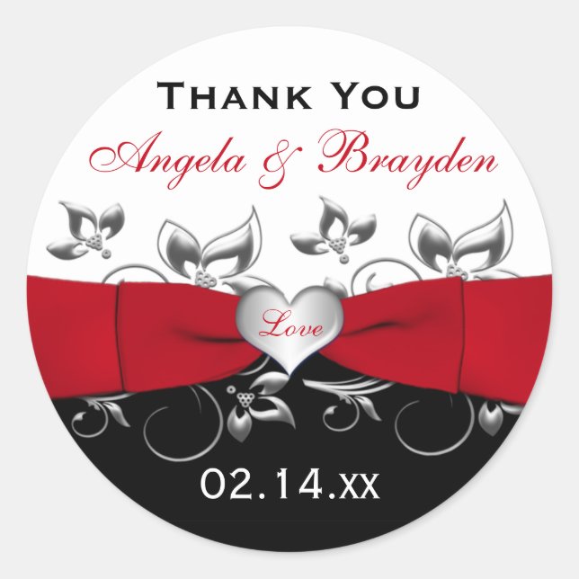Black White Red Floral Heart Wedding Favor Sticker (Front)