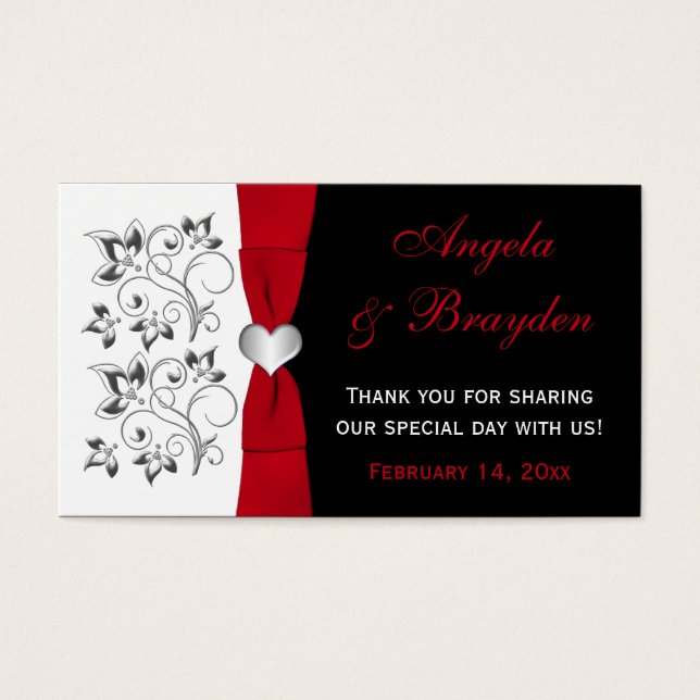 Black, White, Red Floral, Heart Wedding Favor Tag (Front)