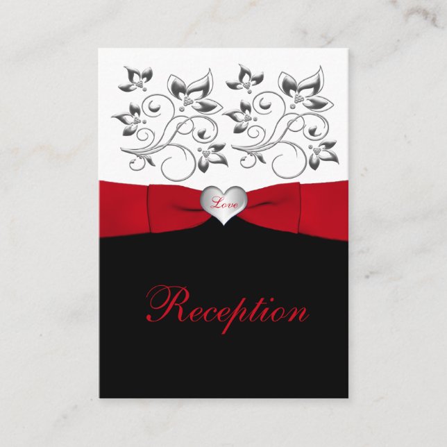Black White Red Floral Reception Enclosure Card (Front)