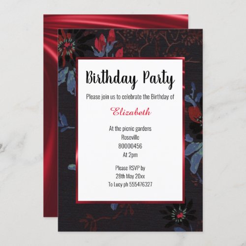 BLACK WHITE RED FLORAL TREE SATIN BIRTHDAY INVITATION