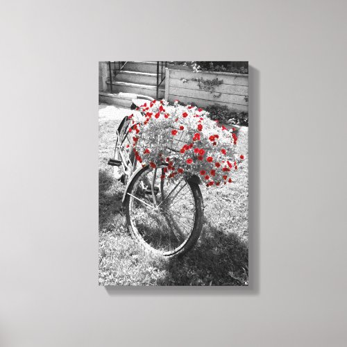 Black White Red Flowers Vintage Bicycle Summer Canvas Print