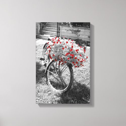 Black White Red Flowers Vintage Bicycle Summer Canvas Print