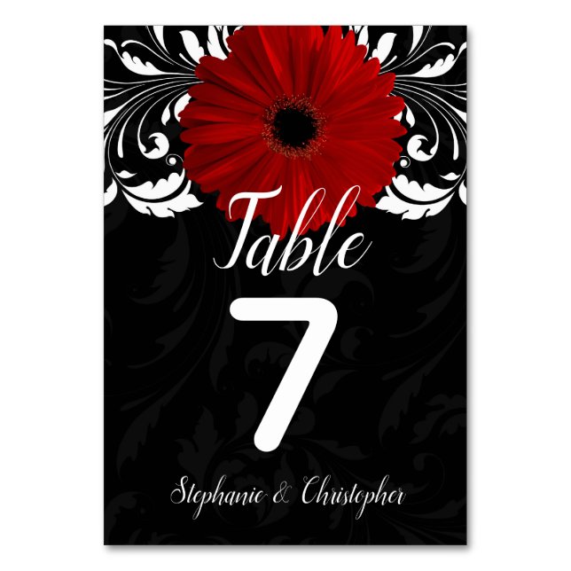 Black White Red Gerbera Daisy Wedding Table Number (Front)