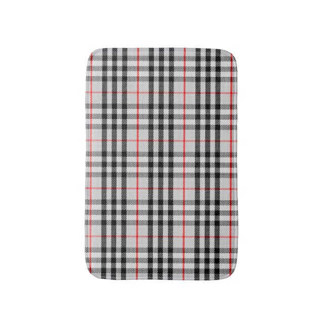 Black White Red Gingham | Classic Checkered Fabric Bath Mat (Front Vertical)