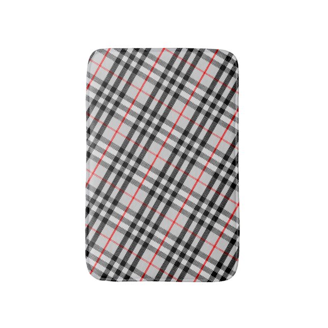 Black White Red Gingham | Classic Checkered Fabric Bath Mat (Front Vertical)