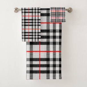 Black White Red Gingham Classic Checkered Fabric Bath Towel Set
