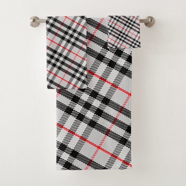 Black White Red Gingham | Classic Checkered Fabric Bath Towel Set (Insitu)