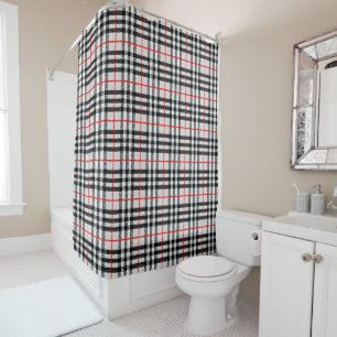 Black White Red Gingham Classic Checkered Fabric Shower Curtain