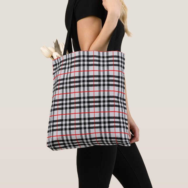 Black White Red Gingham | Classic Checkered Fabric Tote Bag (Close Up)