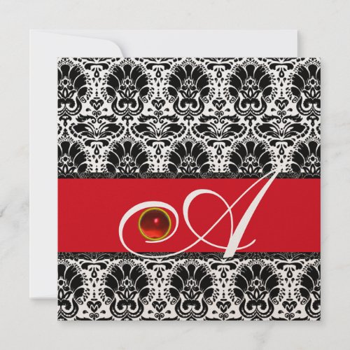 BLACK WHITE RED GOLD  DAMASK MONOGRAM Ruby Invitation