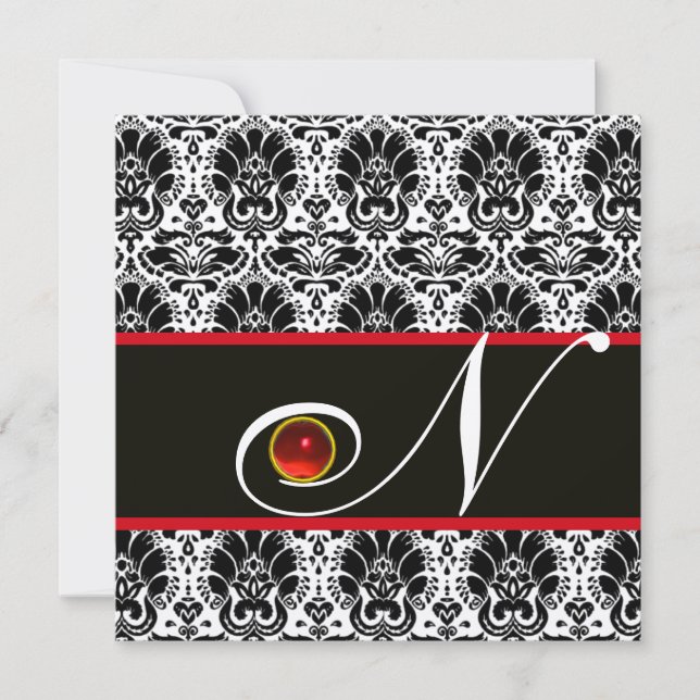BLACK WHITE RED GOLD DAMASK MONOGRAM Ruby Invitation (Front)