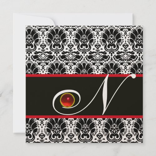 BLACK WHITE RED GOLD DAMASK MONOGRAM Ruby Invitation