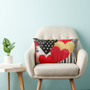 BLACK WHITE RED GOLD MODERN VALENTINE HEARTS LUMBAR PILLOW